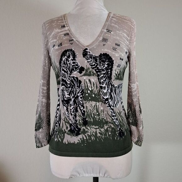 Nygard Women's Top Knit Zebra Beads Sequins V Neck Mesh Sleeves Size M - Picture 1 of 12